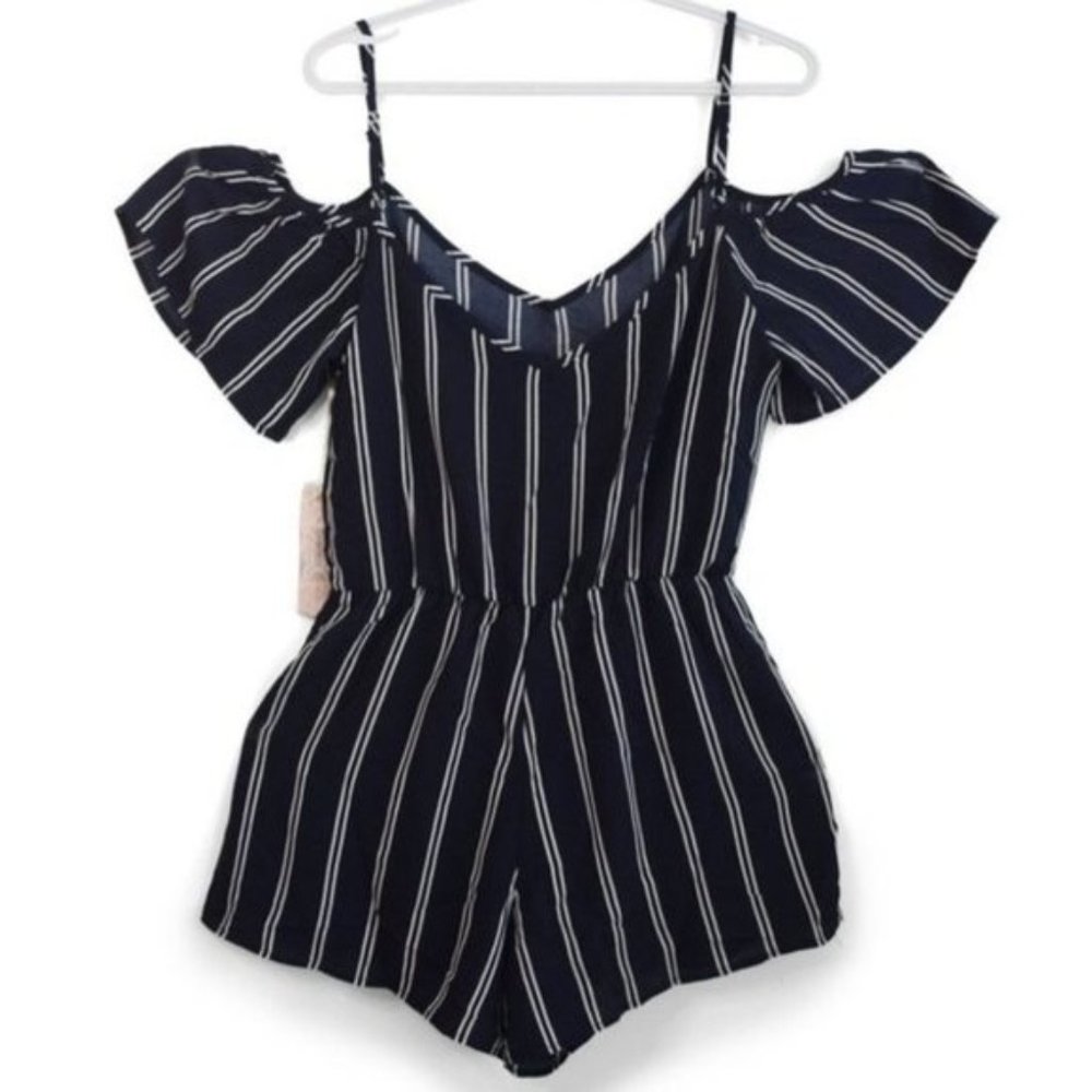 Pinstripe Cold Shoulder Romper Jumpsuit Shorts